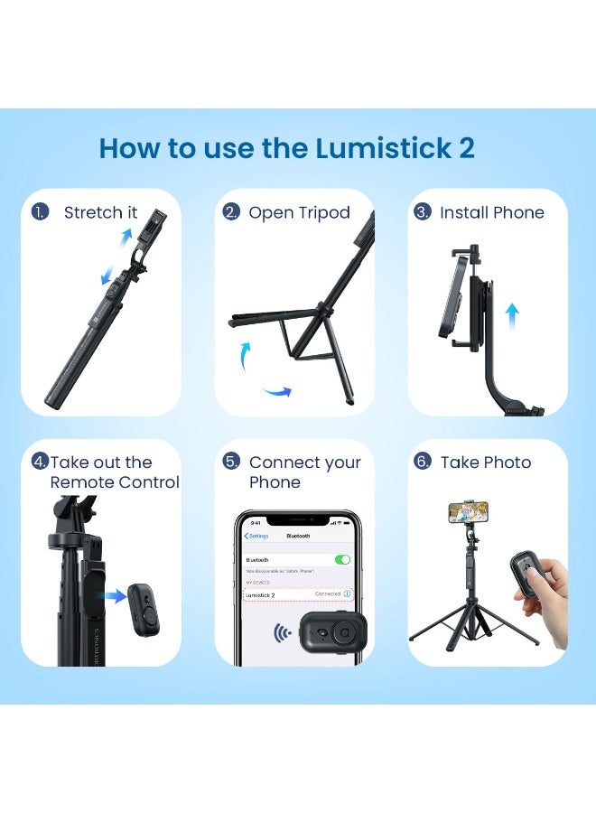 بورترونيكس Portronics Lumistick 2 Portable Smart Selfie Stick with Upto 6ft. Tripod Stand, 3 in 1 Multifunctional Design, Detachable Bluetooth Remote Compatible for iPhone/Android, Best for Vlogging/Photo Shoot - Image 5